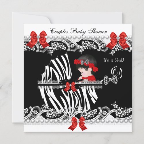 Couples Baby Shower Girl Zebra Red Lace Black Invitation