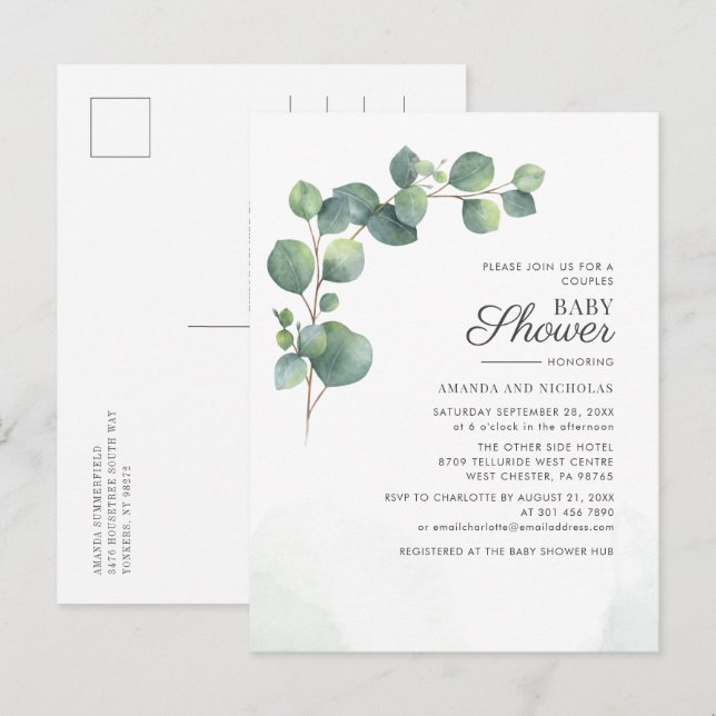 Couples Baby Shower Greenery Eucalyptus Botanical Invitation Postcard (Front/Back)