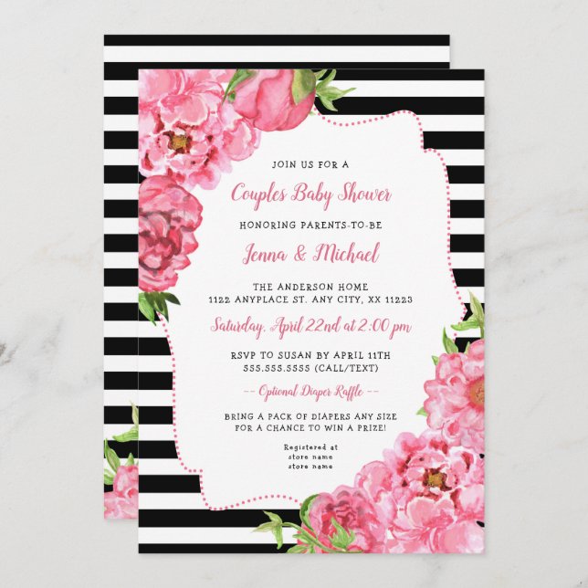 Couples Baby Shower Invitation, pink black floral Invitation (Front/Back)