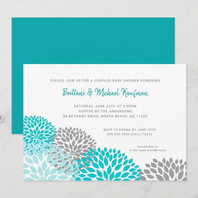 Couples Baby Shower Invitation, turquoise gray Invitation (Front/Back)
