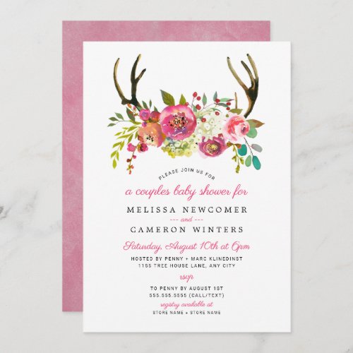 Couples Baby Shower pink floral antlers invites