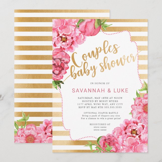 Couples Baby Shower  |  pink gold peonies Invitation (Front/Back)