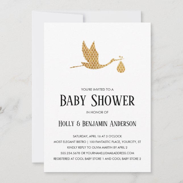 Couples Baby Shower Preppy Gold Stork w/ Bundle Invitation (Front)