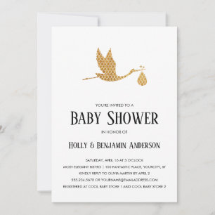 Couples Baby Shower Preppy Gold Stork w/ Bundle Invitation