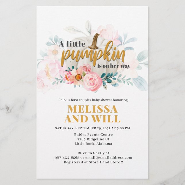 Couples Baby Shower Pumpkin Floral Invitation Stationery (Front)