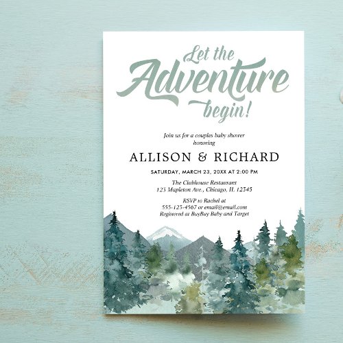 Couples baby shower rustic forest mountains invitation