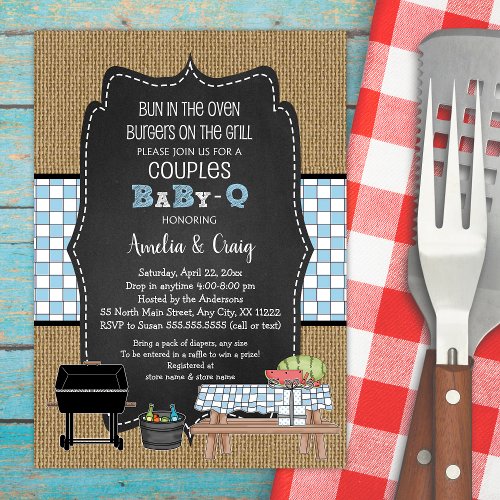 Couples BOY Baby Q burgers on the grill Invitation