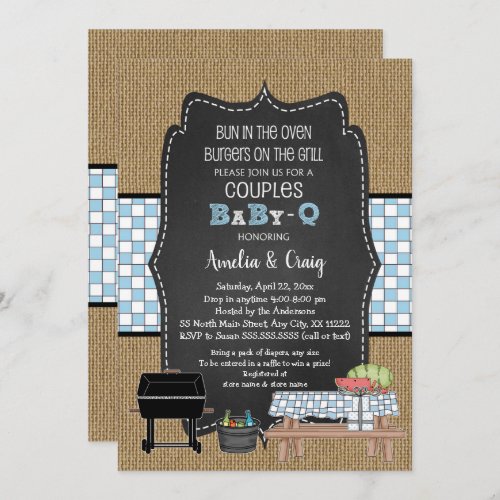 Couples BOY Baby Q burgers on the grill Invitation