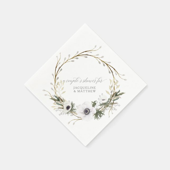 Couples Bridal Shower Floral Wreath Anemone Rustic Napkins (Corner)