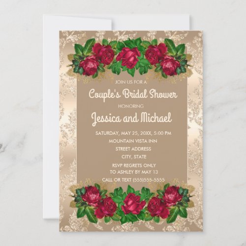 Couples Bridal Shower Gold Red Roses Invitation