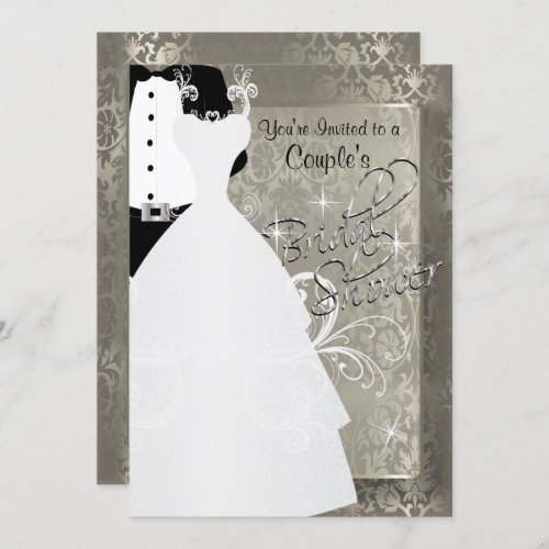 Couples Bridal Shower in Antique Damask Silver Invitation