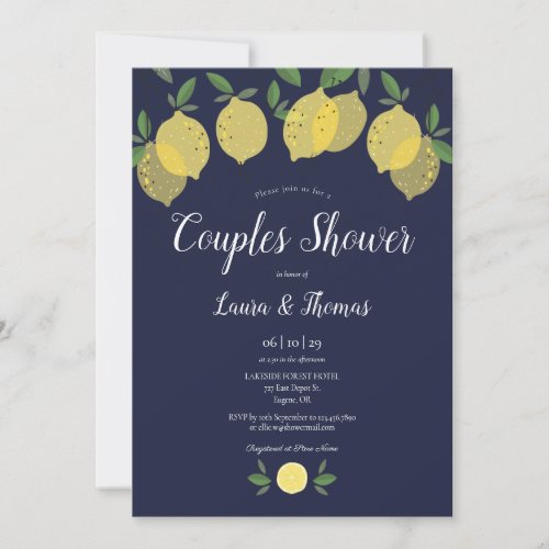 Couples Bridal Shower Lemons Navy Blue Invitation