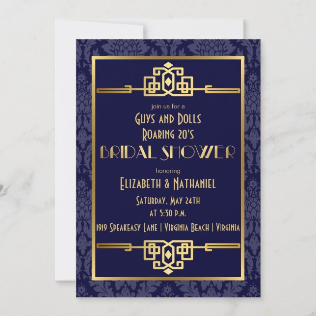 Couples' Bridal Shower Roaring 20s Art Deco | Blue Invitation (Front)