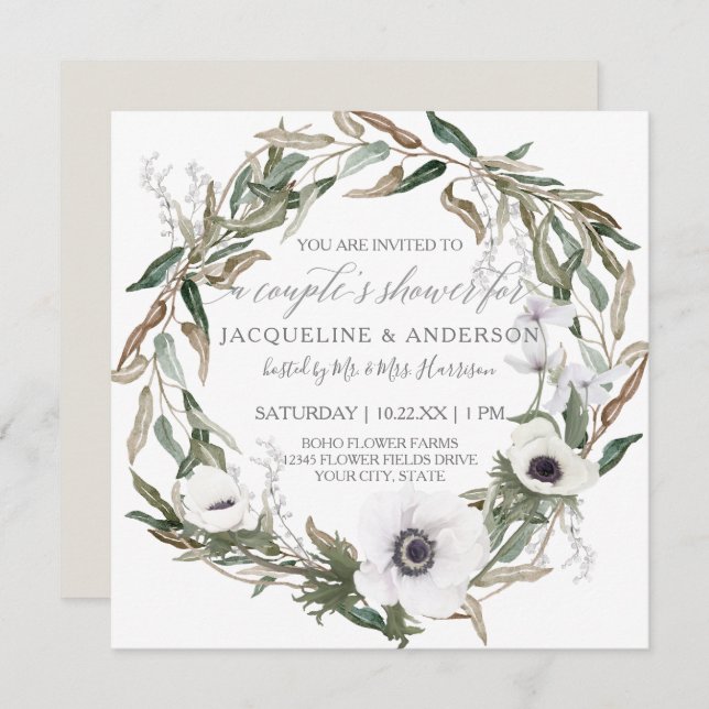 Couples Bridal Shower Rustic Anemone Olive Wreath Invitation (Front/Back)