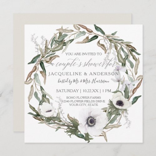 Couples Bridal Shower Rustic Anemone Olive Wreath Invitation