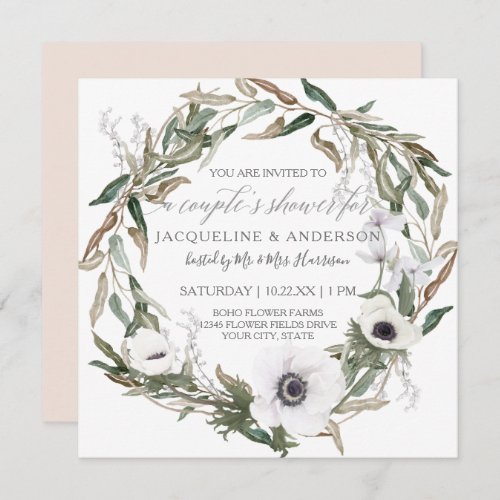 Couples Bridal Shower Rustic White Floral w Olive Invitation