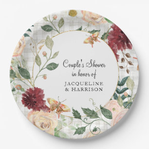 Couples Bridal Shower Watercolor Floral Plaid Gray Paper Plates