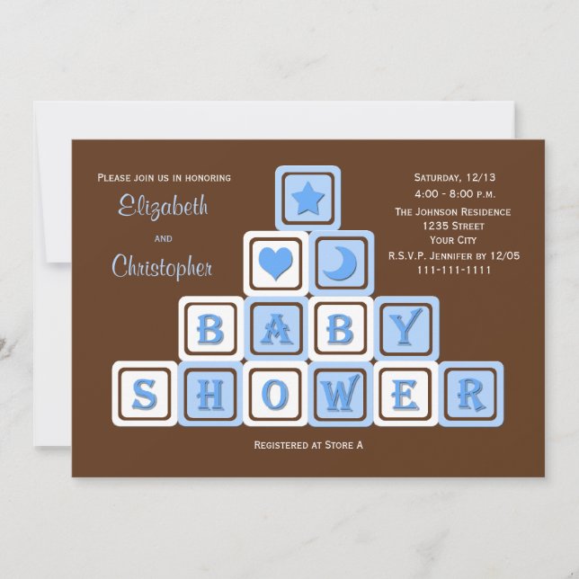 Couples Coed Baby Shower Invitation Blue Blocks (Front)