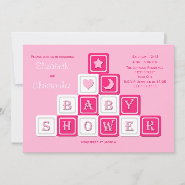 Couples Coed Baby Shower Invitation Pink Blocks (Front)