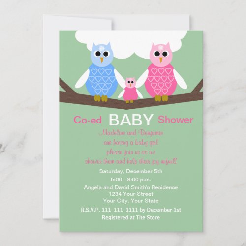 Couples Coed Girl Baby Shower Invitation -- Owls