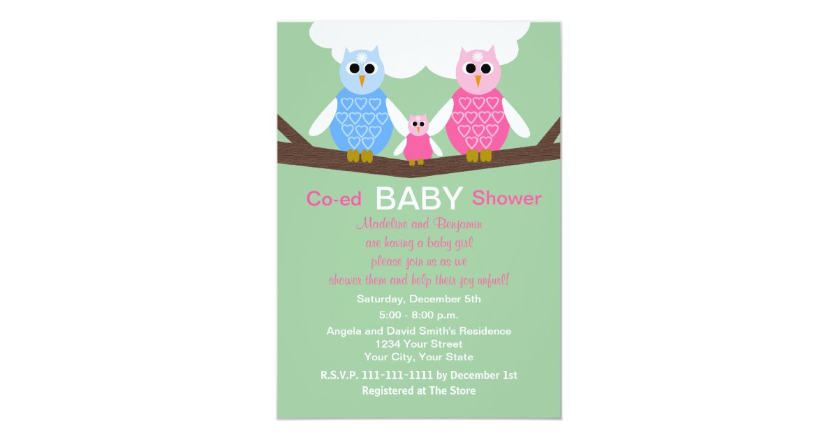 Couples Coed Girl Baby Shower Invitation Owls Zazzle Com
