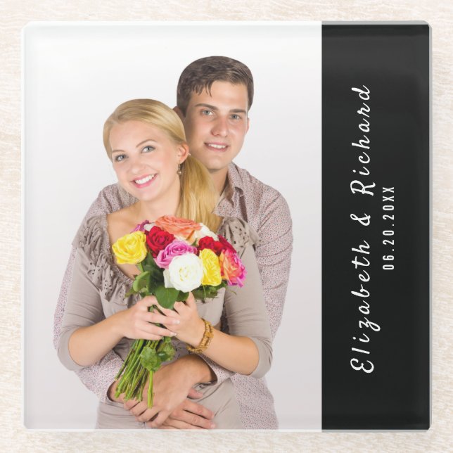 Couples Custom Photo Your Name Glass Coaster (Front)
