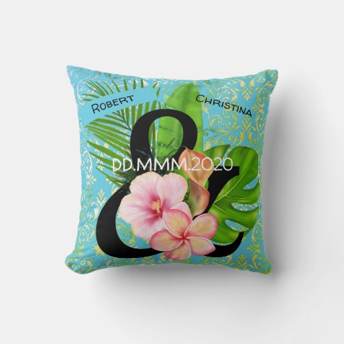 Couples cute tropical pattern custom name date throw pillow