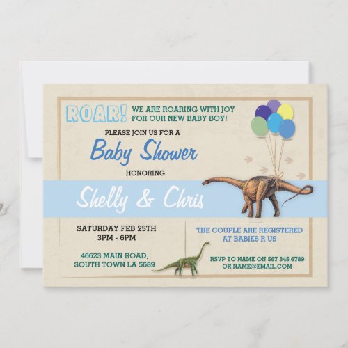 Couples Dinosaur Baby Shower Its a Boy Blue Invite