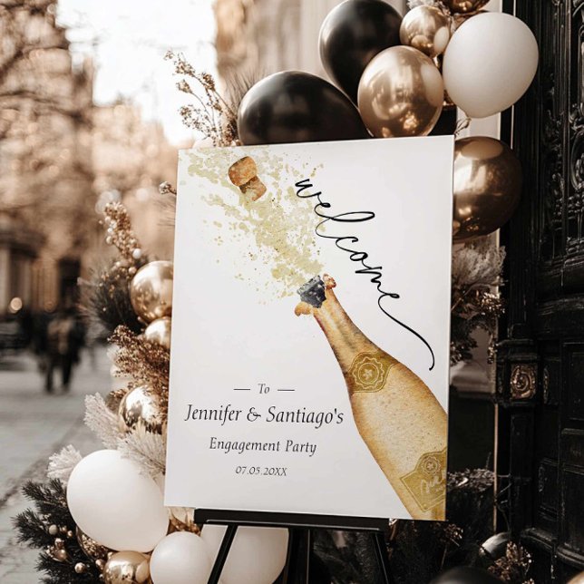 Couples Engagement Party Champagne Bottle Welcome  Foam Board (Elegant Modern Engagement Party Welcome Sign)