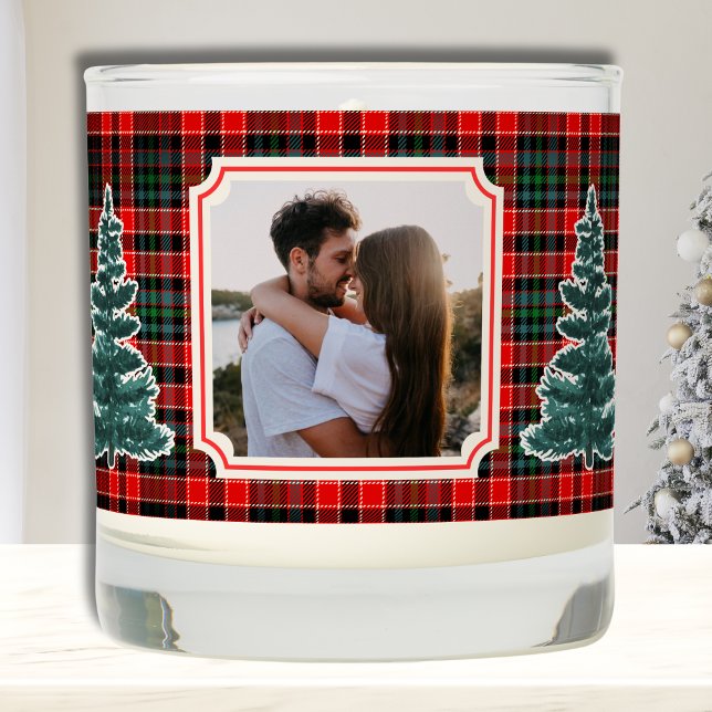 Couples Engagement Photo Merry Christmas Plaid Scented Candle (Couples Photo Christmas Candle with Personalized Message on back)