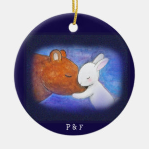 Couple's First Christmas Bear & Bunny Custom Name Ceramic Ornament