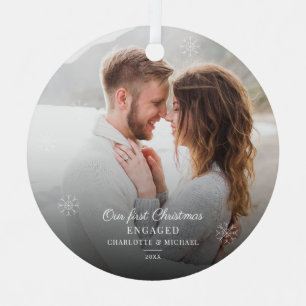 Couple's First Christmas Engaged Modern Snowflakes Metal Ornament