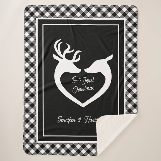 Couple's First Christmas Farmhouse Buffalo Plaid  Sherpa Blanket (Front)