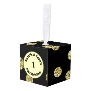Couple's First Christmas Gold Confetti on Black Cube Ornament