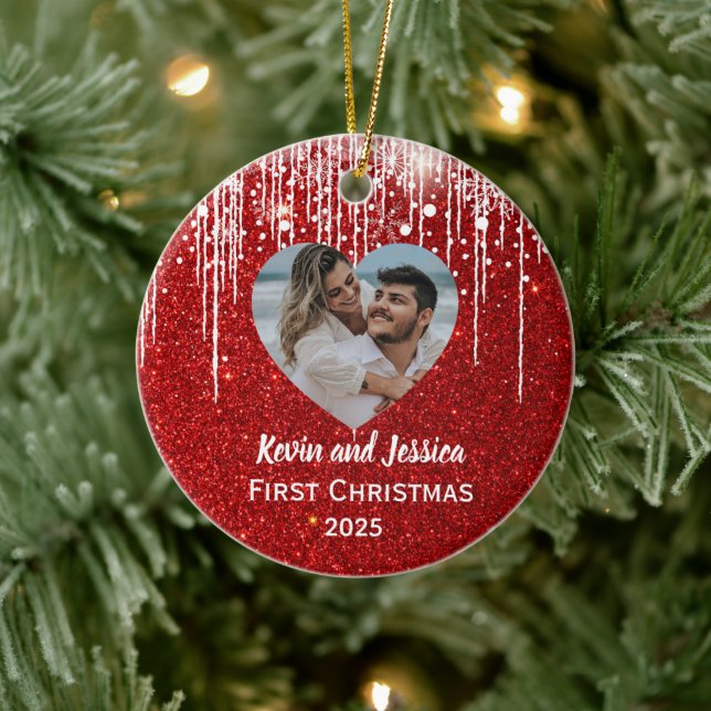 Couples First Christmas Heart Photo Name  Ceramic Ornament (Tree)