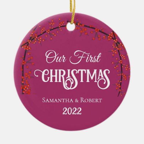 Couples First Christmas Name Date Holly Dark Pink Ceramic Ornament