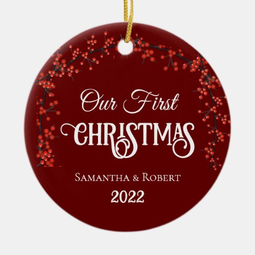 Couples First Christmas Name Date Holly Dark Red Ceramic Ornament