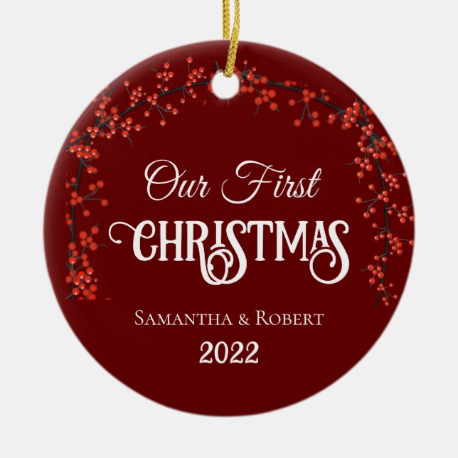 Couples First Christmas Name Date Holly Dark Red Ceramic Ornament (Front)