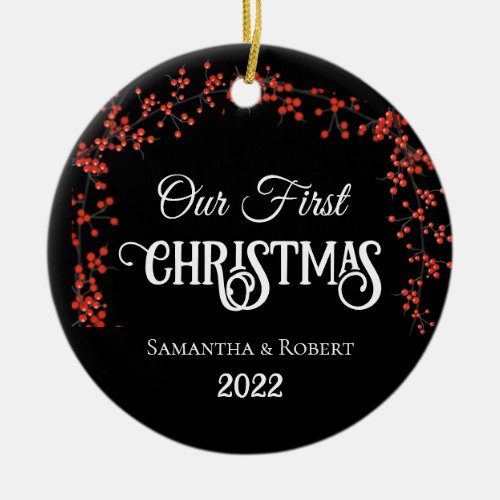 Couples First Christmas Name Date Red Holly Black Ceramic Ornament