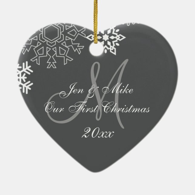 Couple's First Christmas Ornament | Monogram Gray (Back)