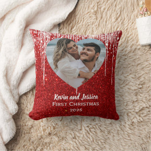 Couples First Christmas Photo Name Throw Pillow