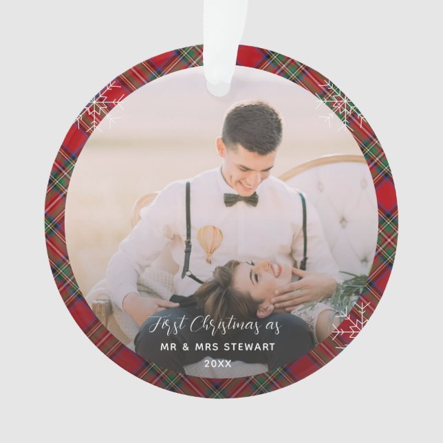 Couple's First Christmas Photos Stewart Tartan Ornament (Front)