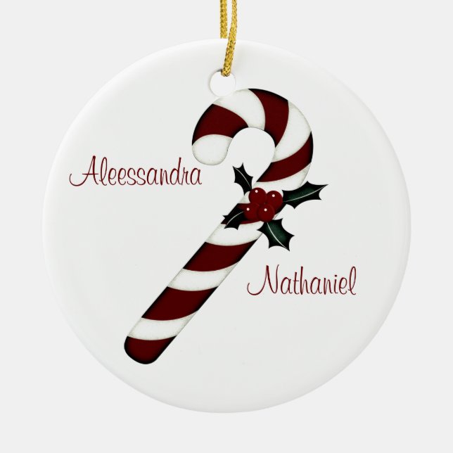 "Couple's First Christmas" - Red/White Candy Cane Ceramic Ornament (Front)