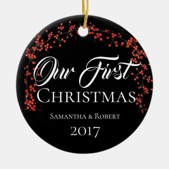 Couples First Christmas with Name Date Ceramic Ornament (Front)