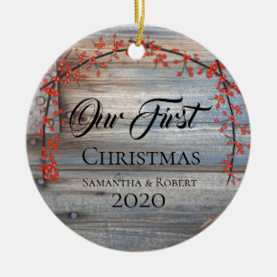 Couples First Christmas with Name Date Rustic Ceramic Ornament