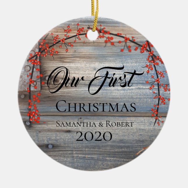 Couples First Christmas with Name Date Rustic Ceramic Ornament (Front)