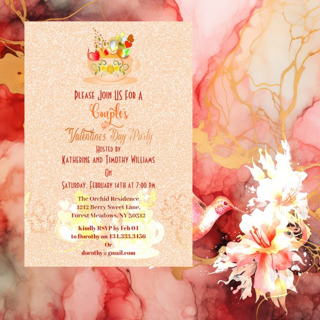 Couples Floral Hearts Teacup Valentines Day Party  Invitation (Couples Floral Hearts Teacup Valentines Day Party Invitation)