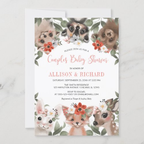 Couples girl baby shower woodland forest animals invitation