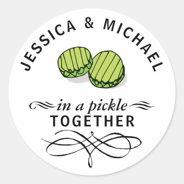 Couples' In a Pickle Together Personalized Classic Round Sticker (Front)