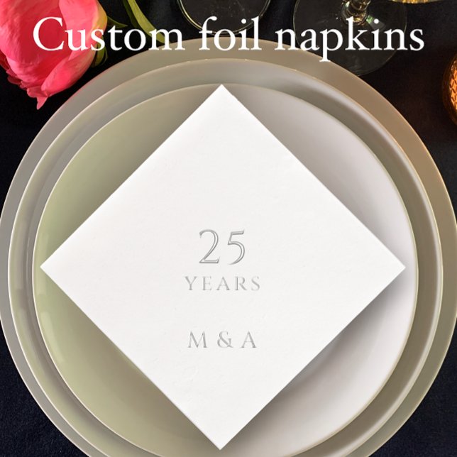 Couple's Initials 25th Anniversary Party Silver Foil Napkins (Add couple’s initials for elegant silver foil minimalistic napkins. Custom 25th anniversary party.
)